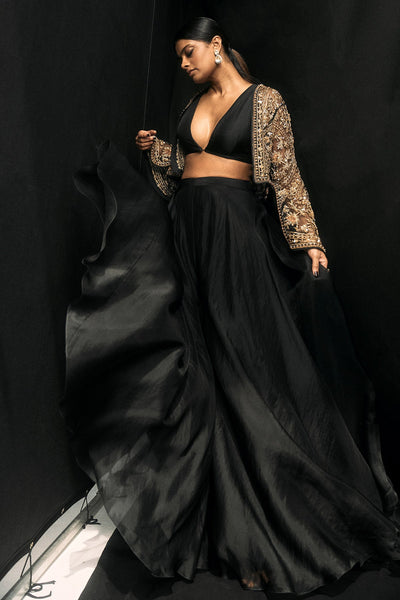 RMBlack Solid Organza Top and Sharara Paired With Black-Net Gold Embroidered Jacket and Drape