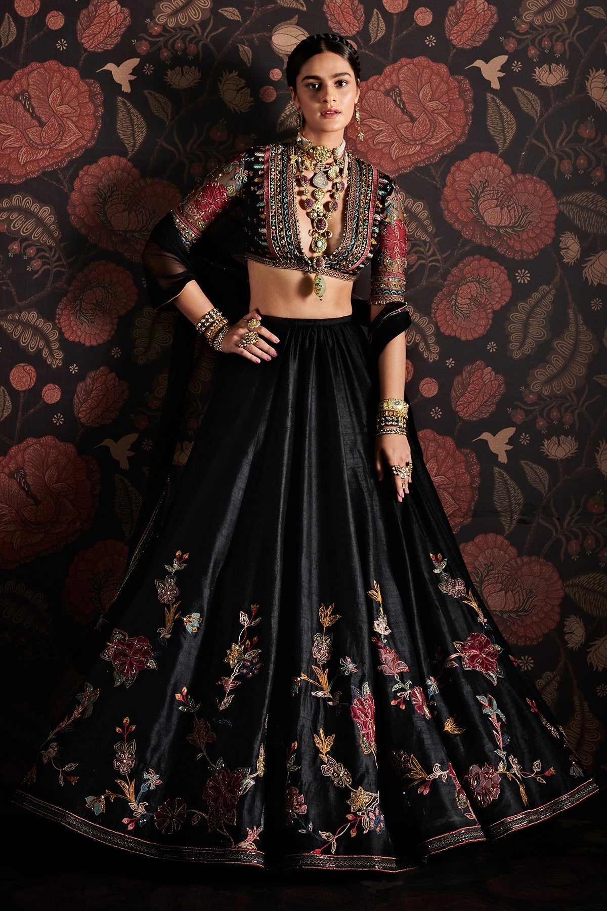 RM_Embroidered net blouse with embroidered raw silk lehenga and net ruffled dupatta