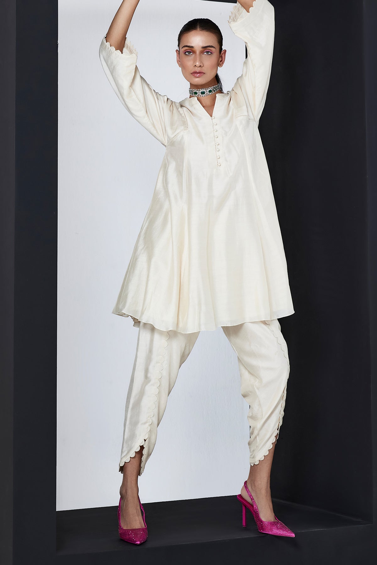 RM_Ivory Silk flared short kurta with tulip pants 