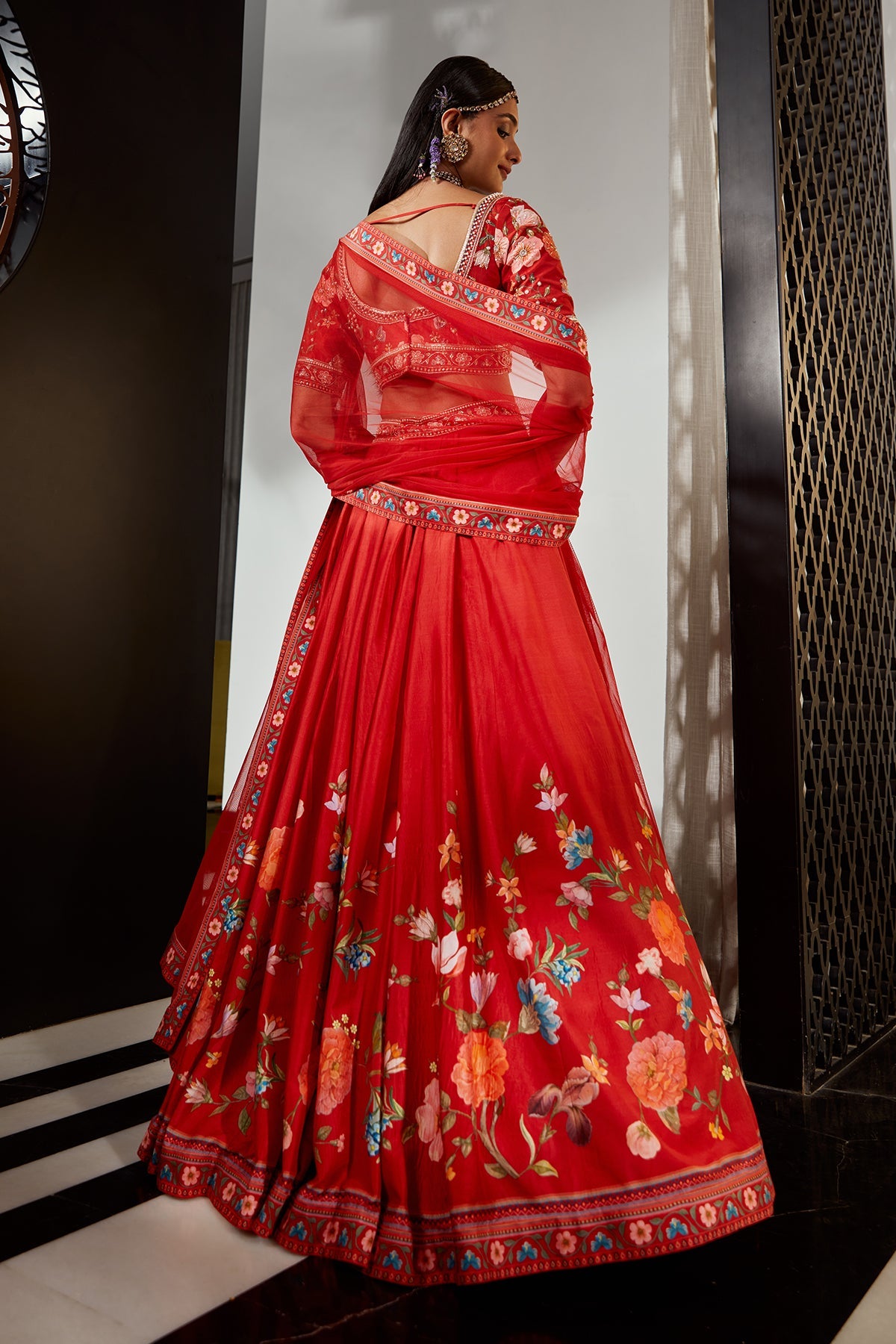 RM_Silk printed embroidered skirt and blouse paired with net dupatta