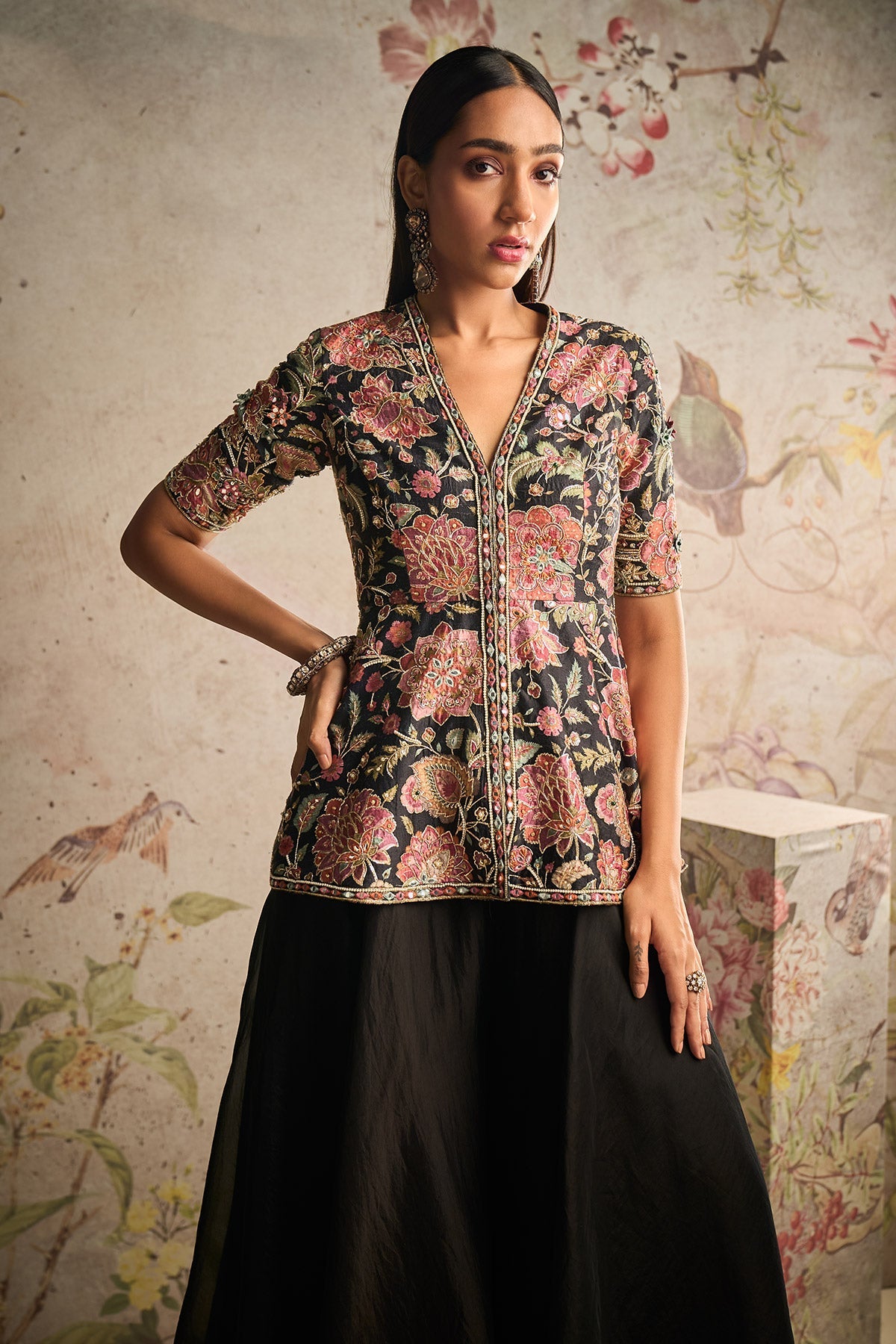 Ridhi-Mehra-Black Printed Raw Silk Embroidered Peplum With Black Solid Organza Flared Sharara