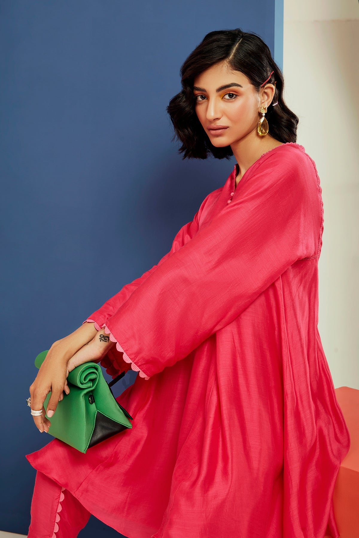 Ridhi-Mehra-Bright Fucshia silk flared short kurta with tulip pants