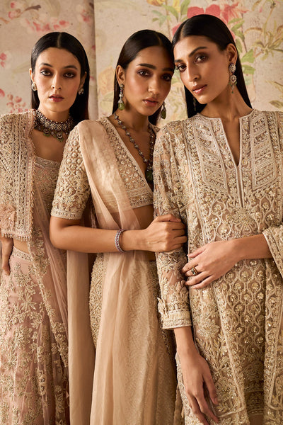 Ridhi-Mehra-Champagne-net-embroidered kali kurta with silk pants