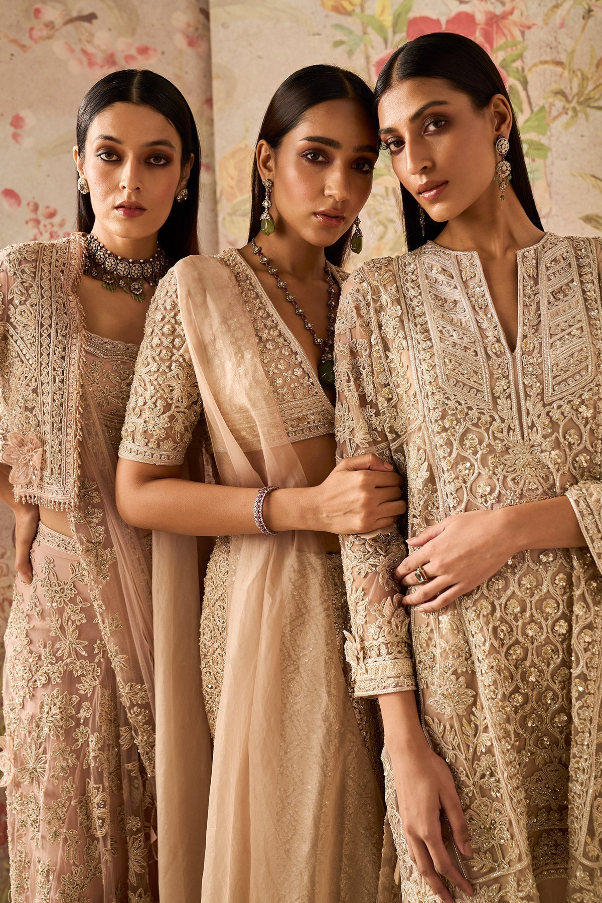 Ridhi-Mehra-Champagne net embroidered blouse and embroidered skirt paired with organza drape and embroidered belt