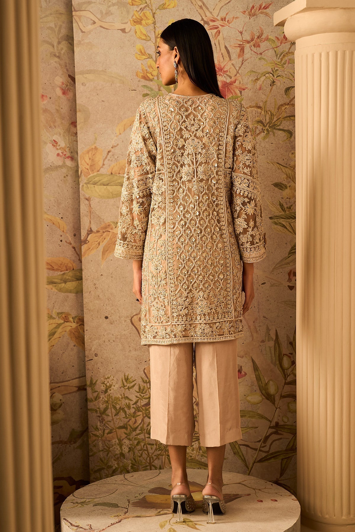 Ridhi-Mehra-Champagne net embroidered kali kurta with silk pants