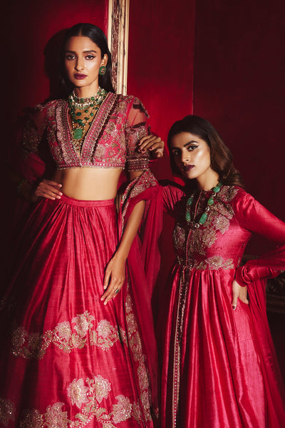 Ridhi-Mehra-Cherry red net embroidered Lehenga