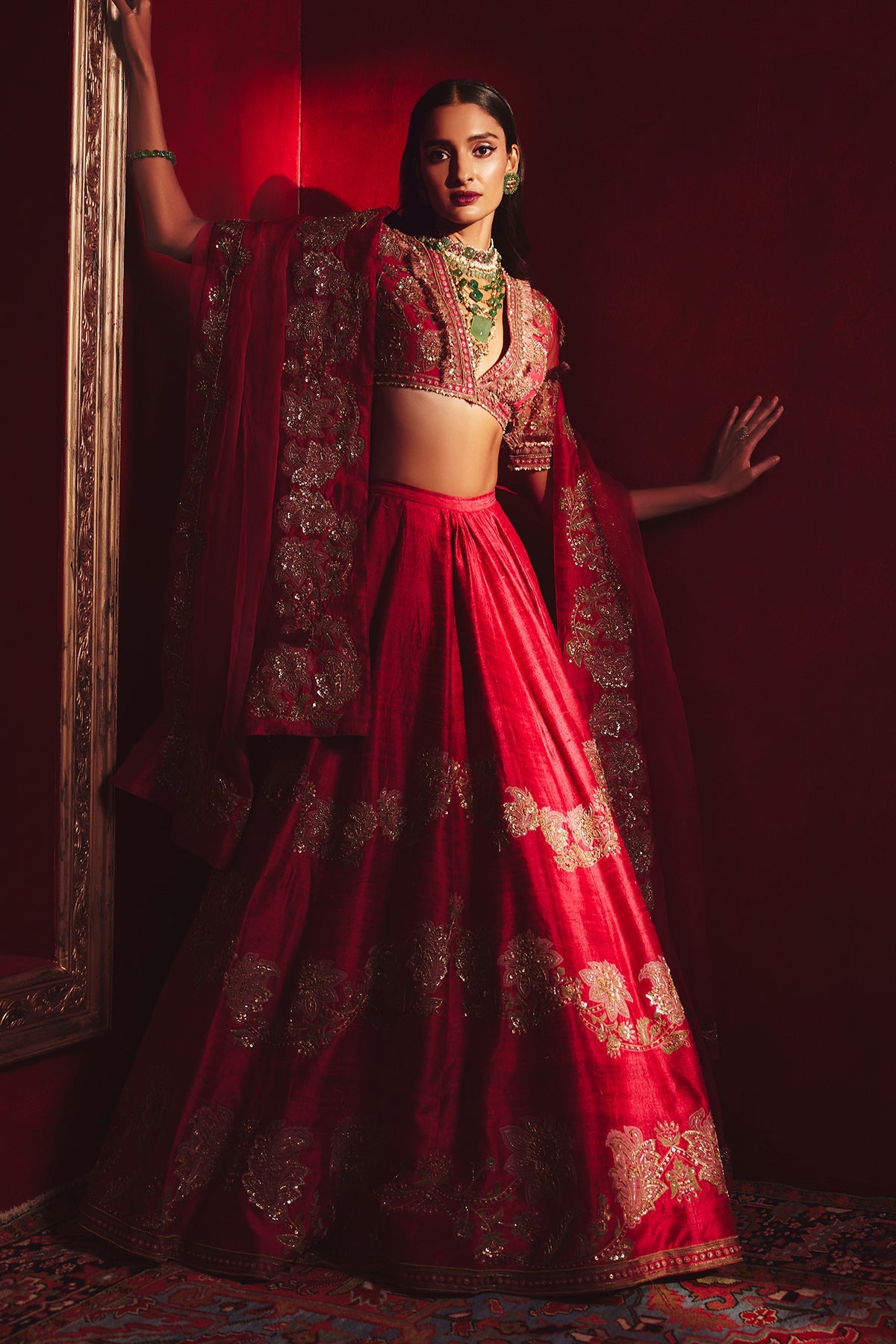 Ridhi-Mehra-Cherry red net embroidered Lehenga