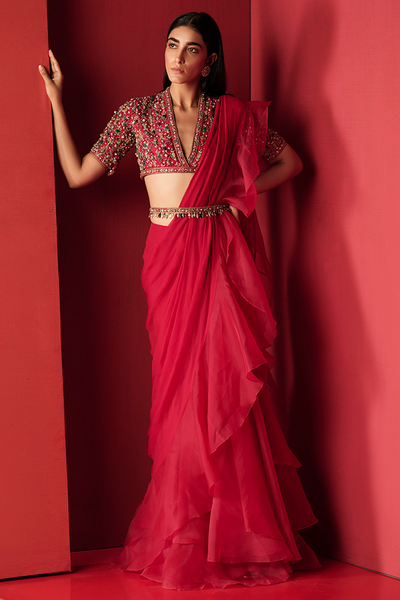 Ridhi-Mehra-Deep fuchsia raw silk jeweled embroidered Saree