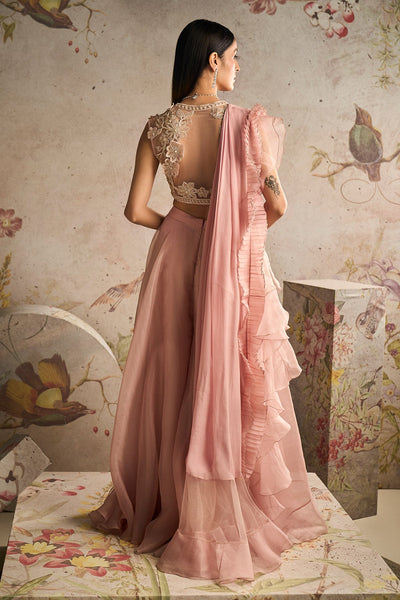 Ridhi-Mehra-Dusky Pink Net Embroidered Blouse With Organza Sharara