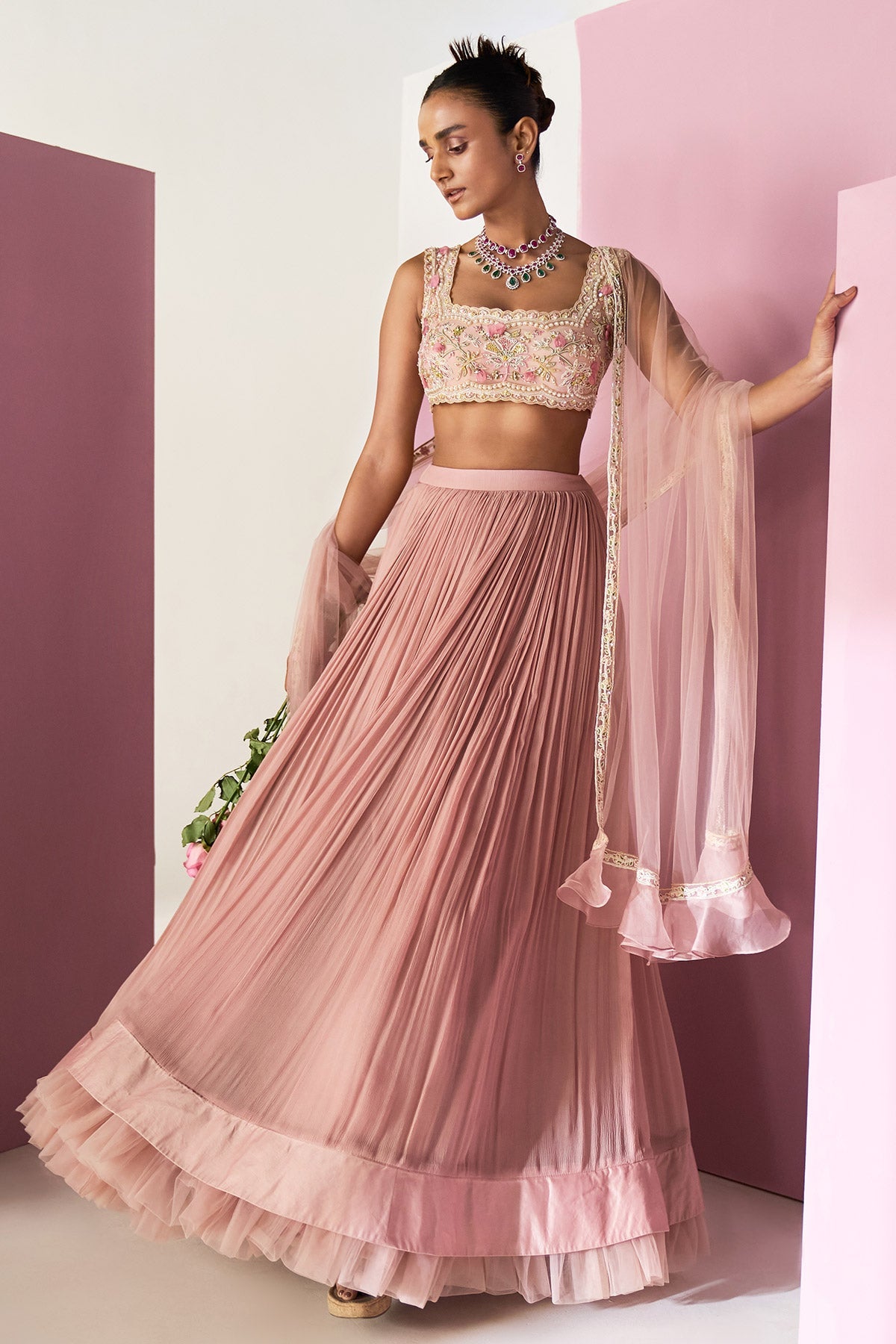 Ridhi-Mehra-Dusky Pink Net Embroidered-Lehenga