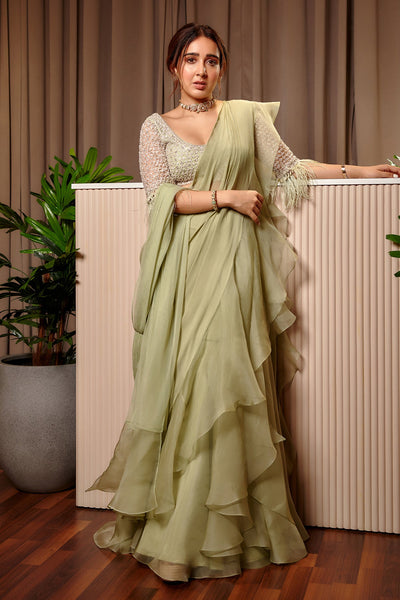 Ridhi-Mehra-Embroidered net blouse with organza chiffon draped saree paired with embroidered belt
