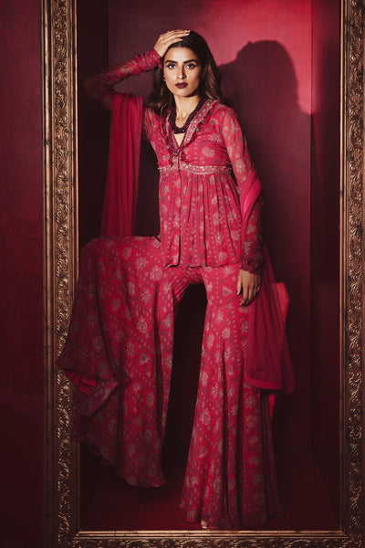 Ridhi-Mehra-Fucshia printed chiffon embroidered peplum with printed chiffon garara