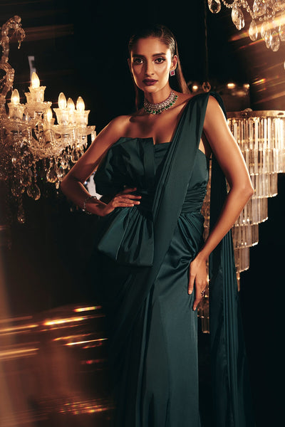 Ridhi-Mehra-Green-satin draped saree gown