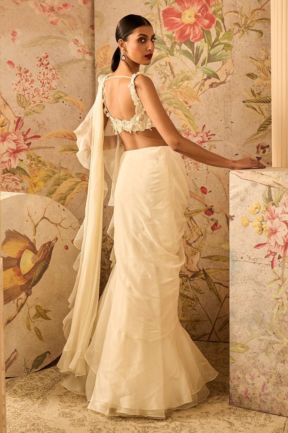 Ridhi-Mehra-Ivory-Net-Embroidered-Blouse-and Chiffon Draped Saree