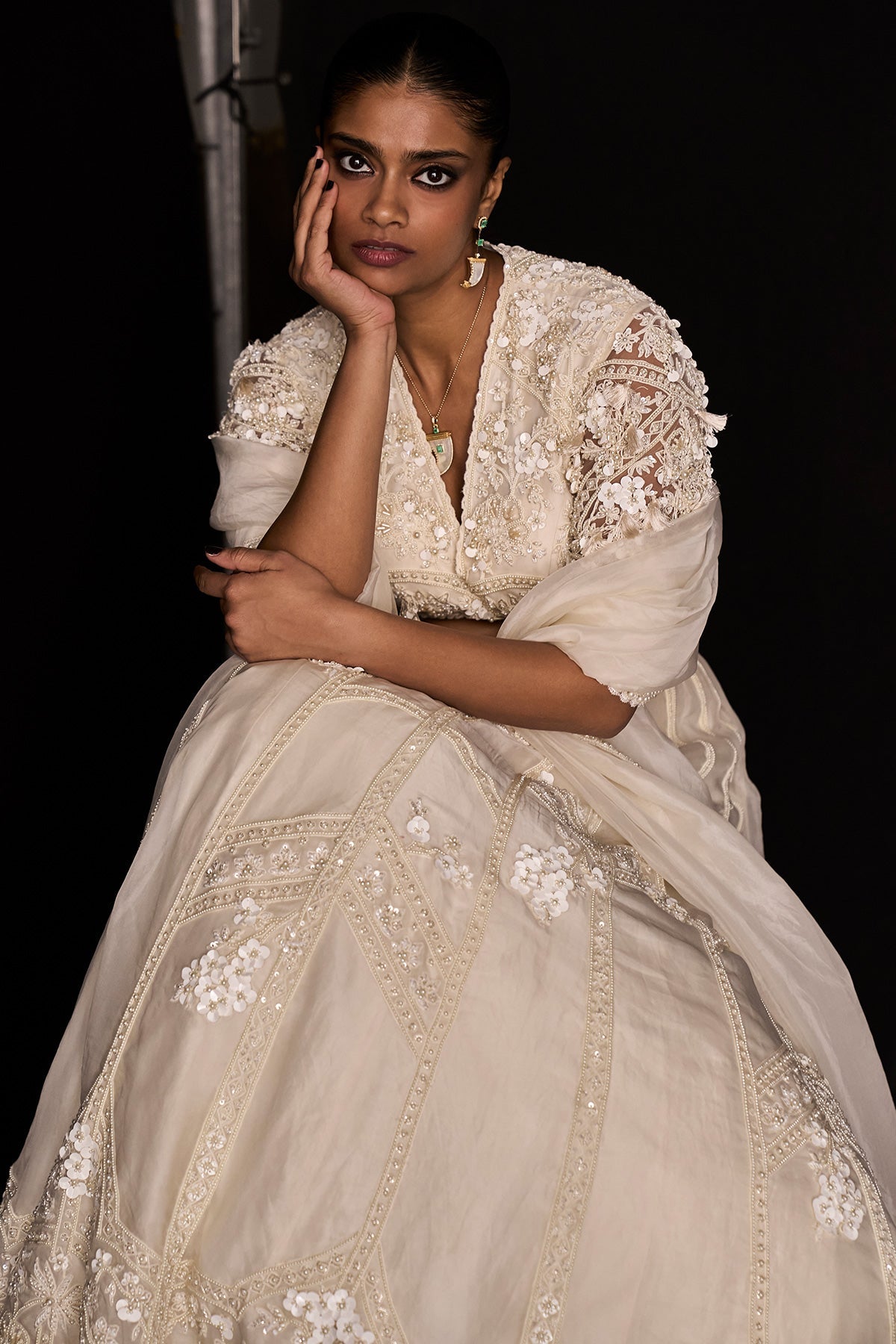 RidhiMehra-Ivory Net Embroidered-Lehenga