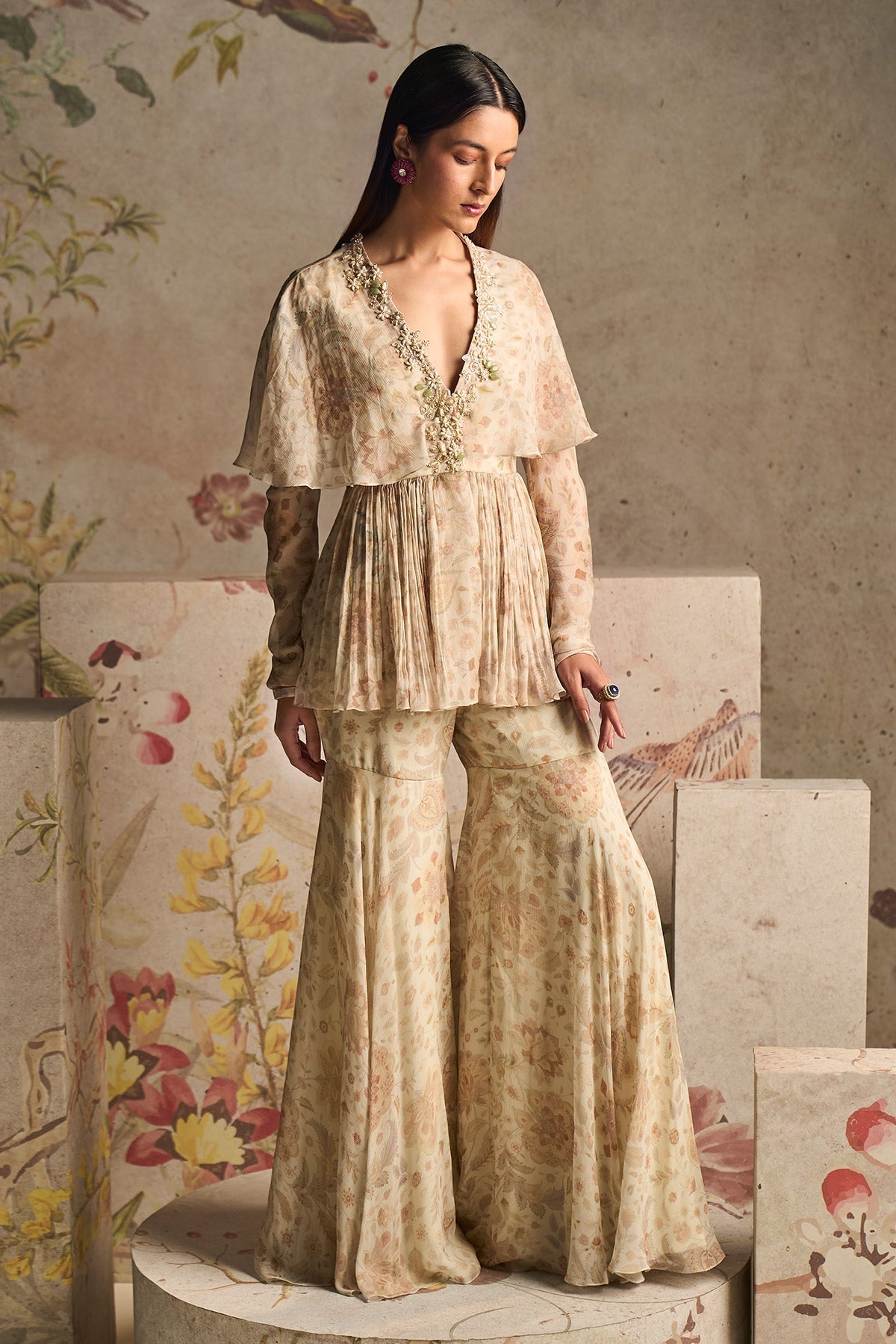 Ridhi-Mehra-Ivory Printed Chiffon Light Embroidered Cape Style Peplum