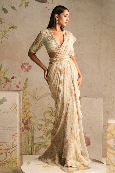 Ridhi-Mehra-Ivory Printed Raw Silk Embroidered-Saree