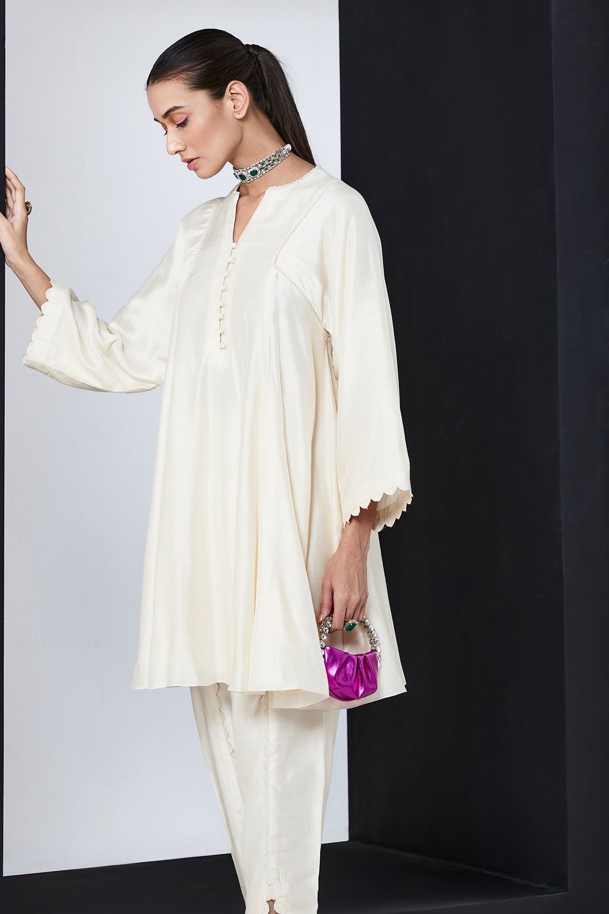 Ridhi-Mehra-Ivory Silk flared short kurta with tulip pants 