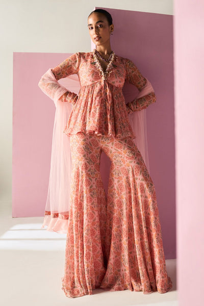 Ridhi-Mehra-Light Pink Printed Chiffon Embroidered Garara