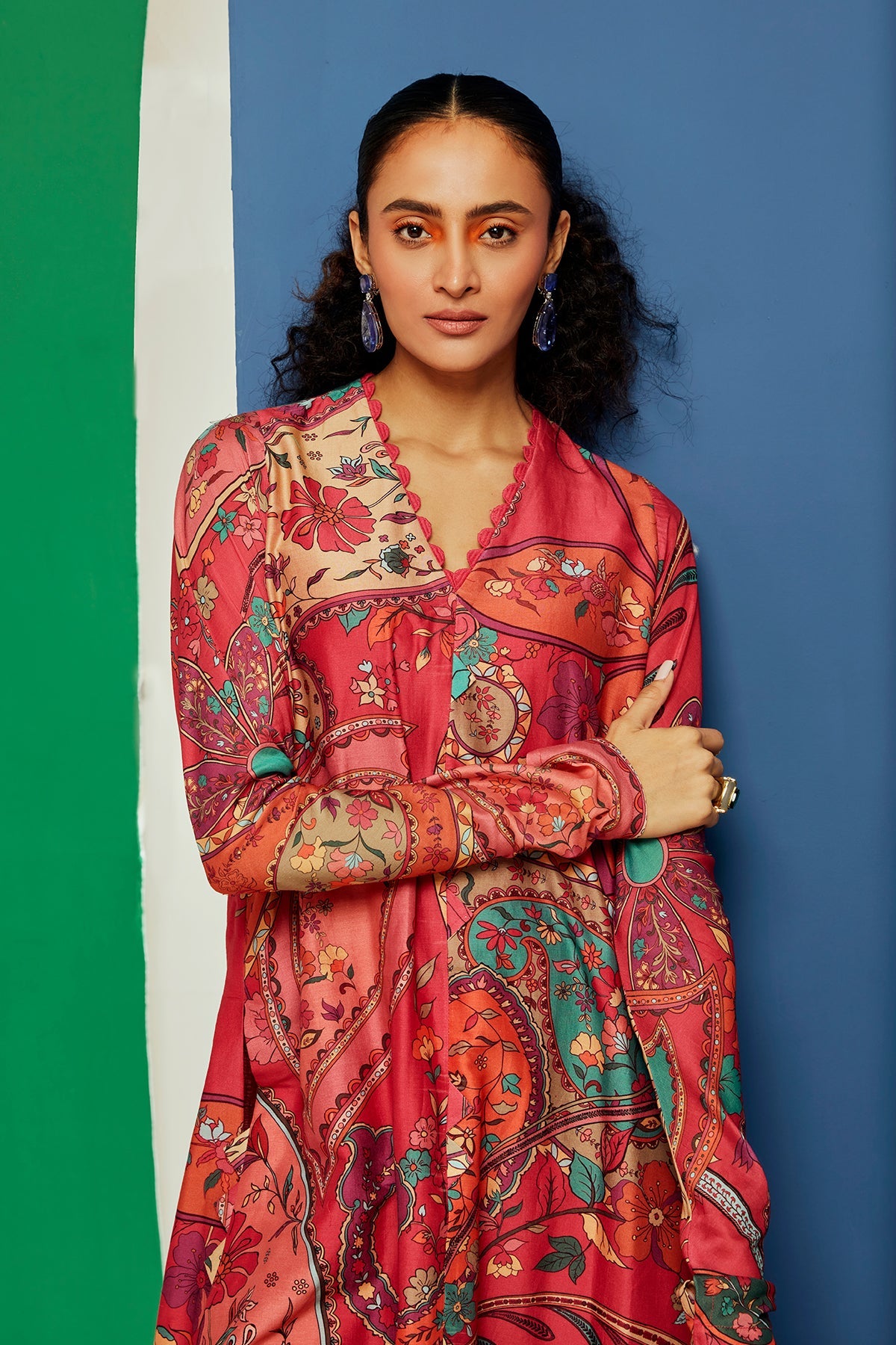 Ridhi-Mehra-Multicoloured printed chanderi straight long kurta with churi sleeves paired with pants