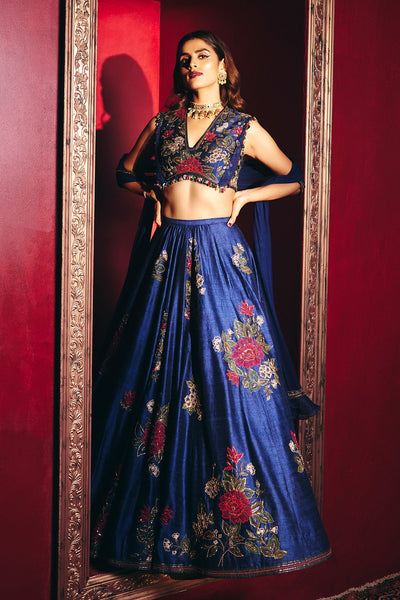 Ridhi-Mehra-Navy embroidered raw silk Lehenga