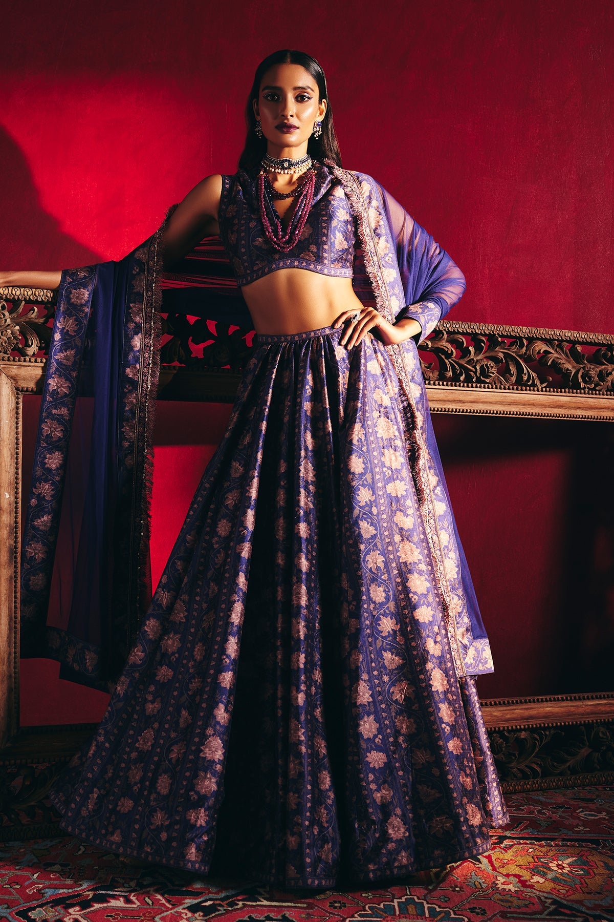 Ridhi-Mehra-Navy printed raw silk blouse with plain printed raw silk lehenga