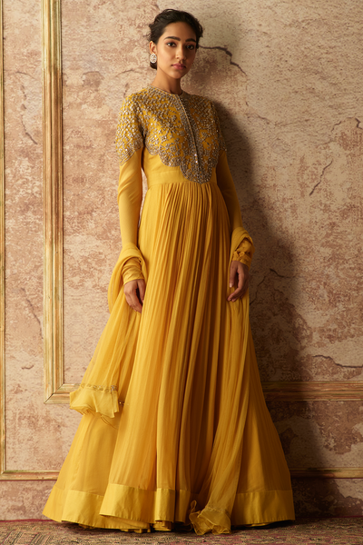 Ridhi-Mehra-Ochre yellow chiffon embroidered anarkali