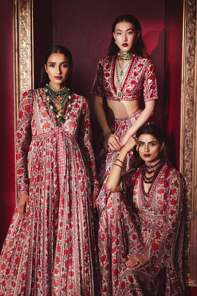 Ridhi-Mehra-Red-beige-printed raw silk embroidered blouse with plain printed lehenga