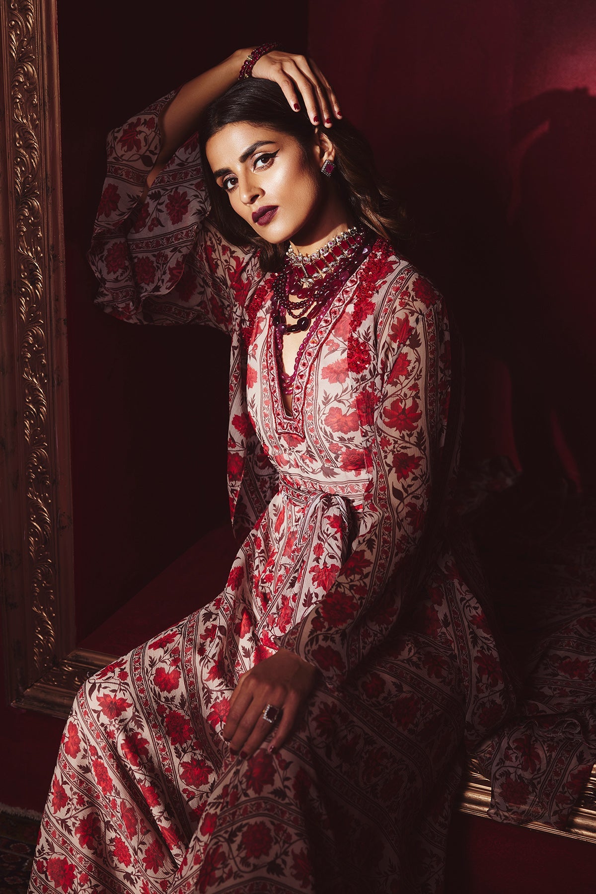 Ridhi-Mehra-Red-beige printed chiffon jumpsuit and printed chiffon jacket with printed chiffon tie up