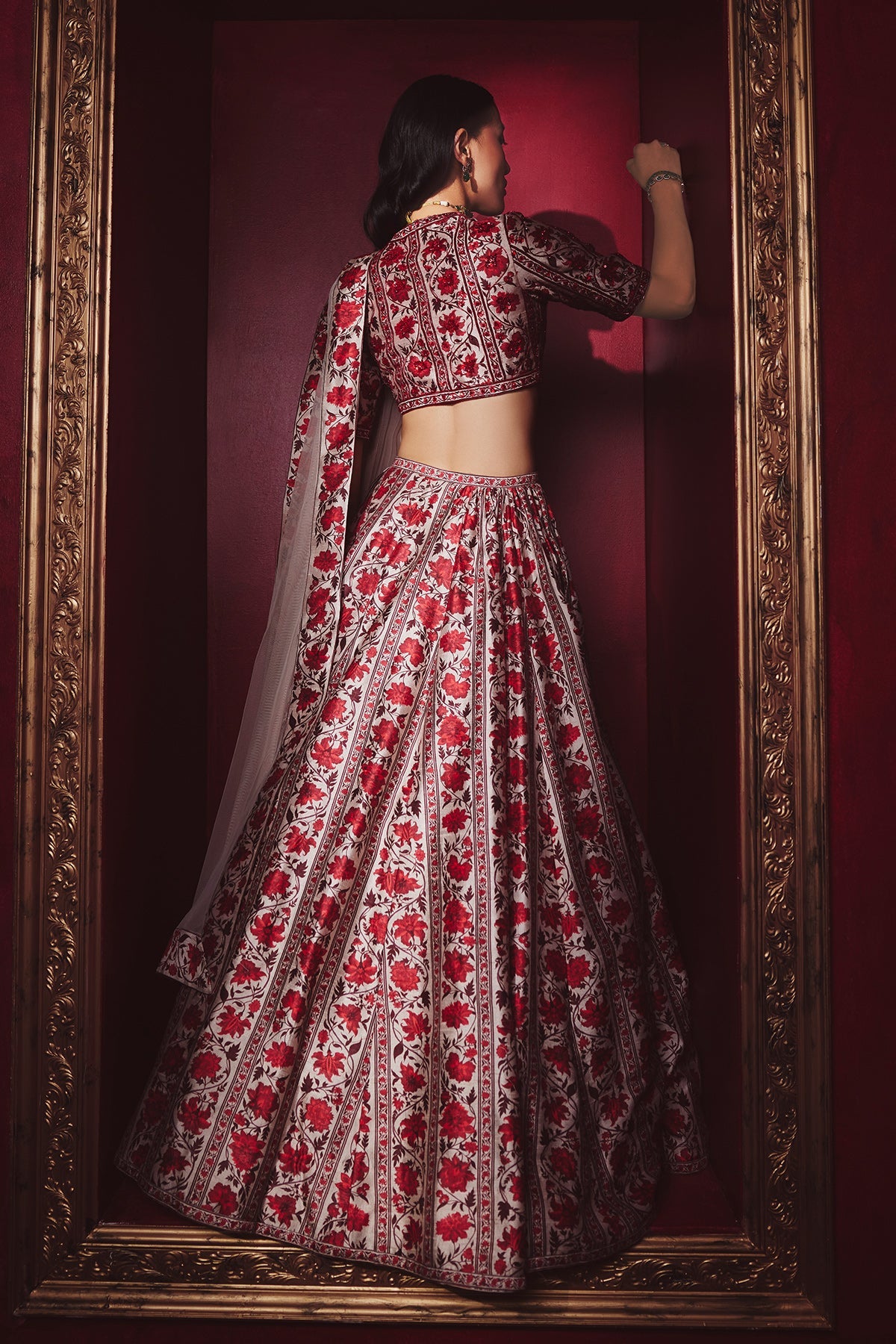 Ridhi-Mehra-Red-beige printed raw silk embroidered blouse with plain printed lehenga