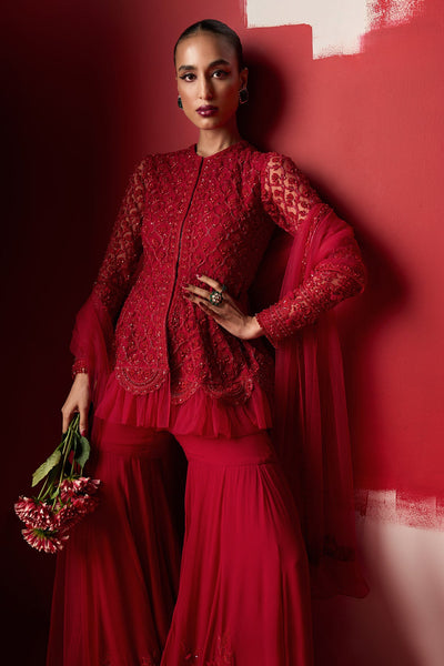 Ridhi-Mehra-Red Net Monotone Embroidered Peplum-Garara