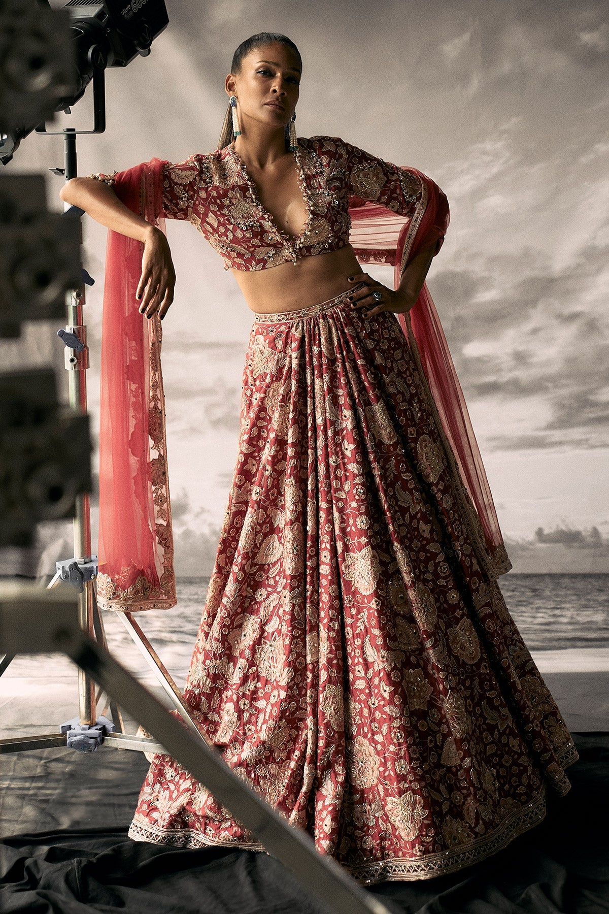 Ridhi-Mehra-Red Printed Raw Silk Lehenga