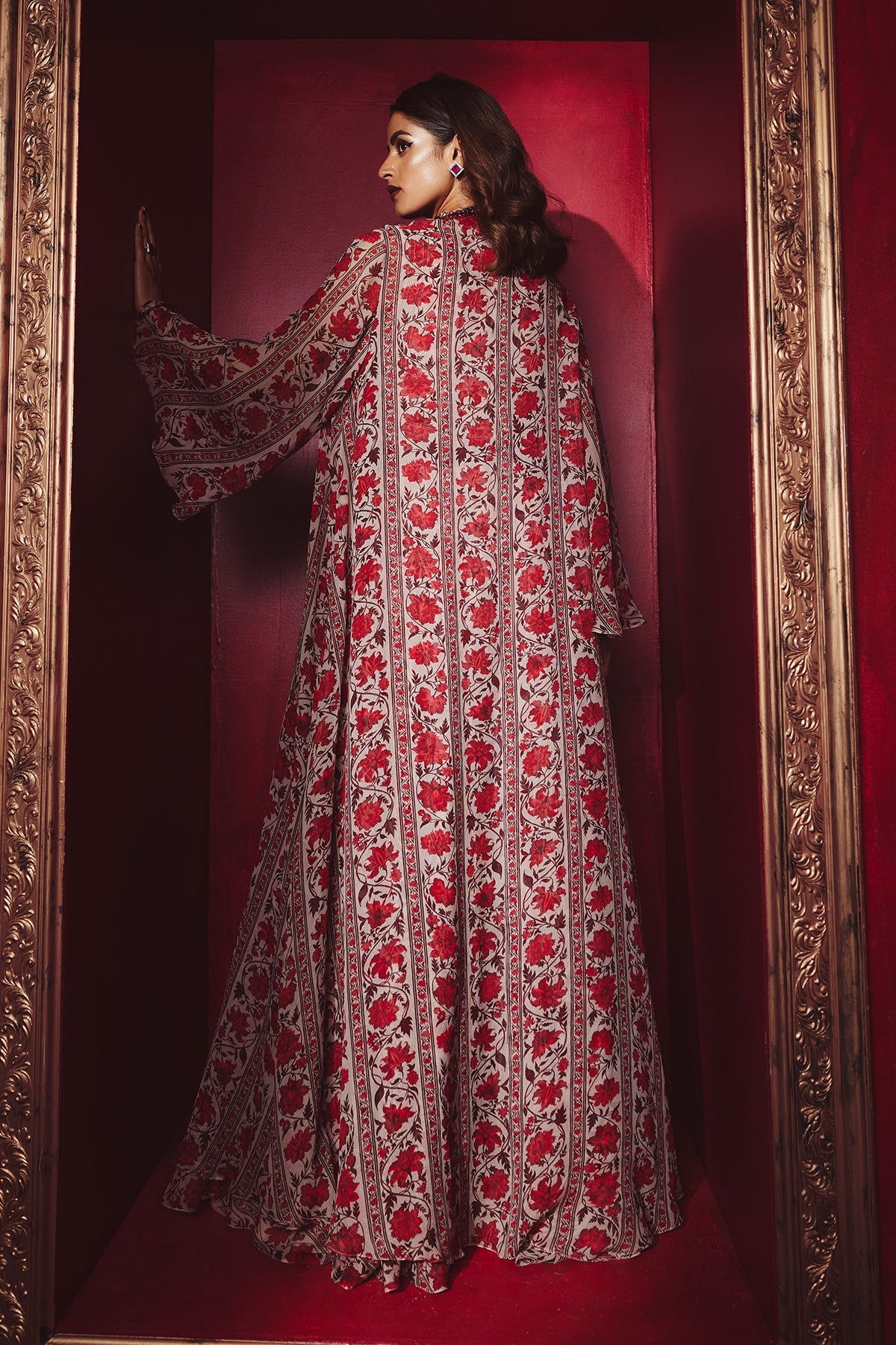 Ridhi-Mehra-Red beige printed chiffon jumpsuit and-printed chiffon jacket with printed chiffon tie up