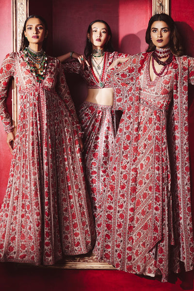 Ridhi-Mehra-Red beige printed raw silk embroidered blouse with plain-printed-lehenga