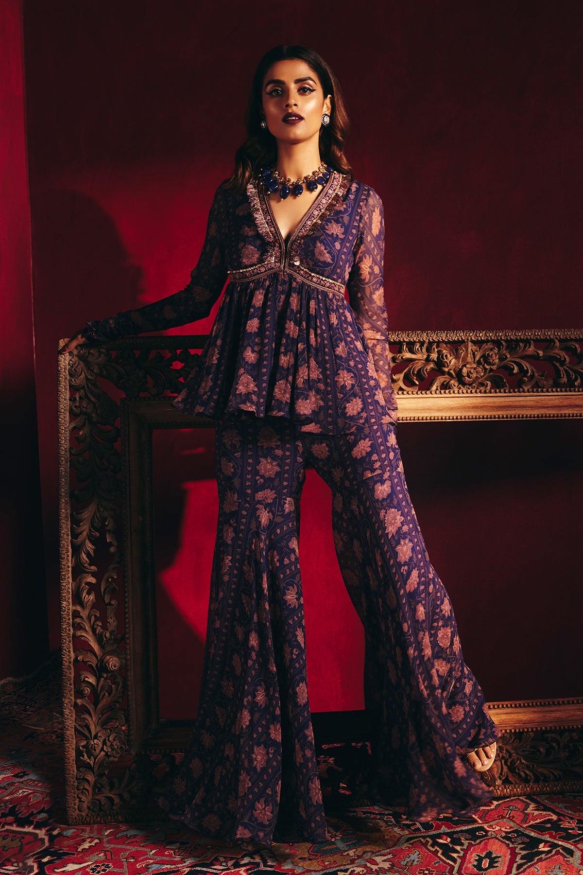 Ridhi-Mehra-﻿Navy printed chiffon embroidered peplum with printed chiffon-garara