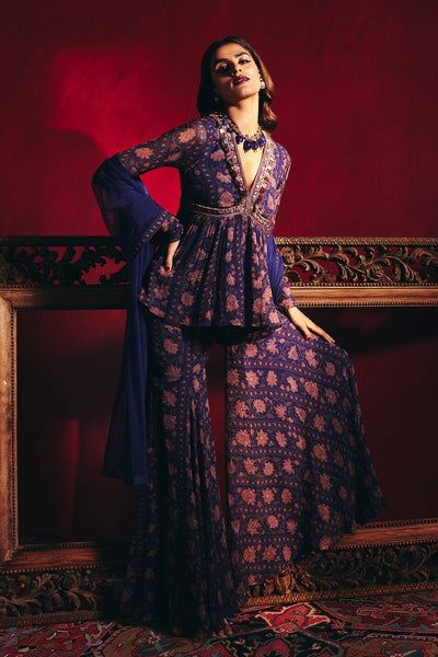 Ridhi-Mehra-﻿Navy printed chiffon embroidered peplum with printed chiffon garara