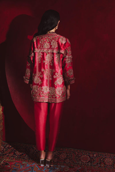 Ridhi-Mehra-cherry red raw silk embroidered jacket and fine silk pants with bustier