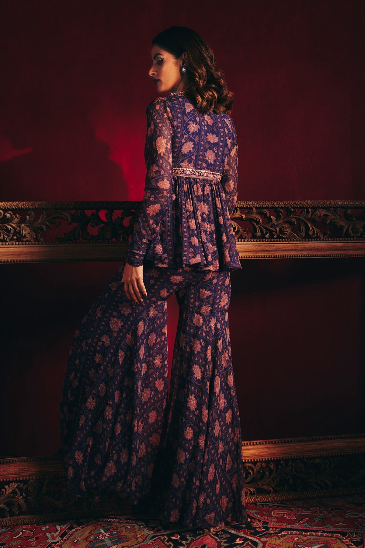 Ridhi-Mehra ﻿Navy printed chiffon embroidered peplum with printed chiffon garara