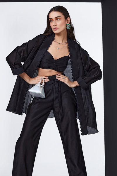 Ridhi-mehra-Black-cape and bustier paired with pants and tie up belt 