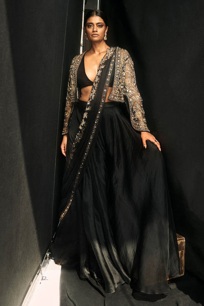 Ridhi-mehra-Black Solid Organza Top and Sharara Paired With Black Net Gold Embroidered Jacket and Drape