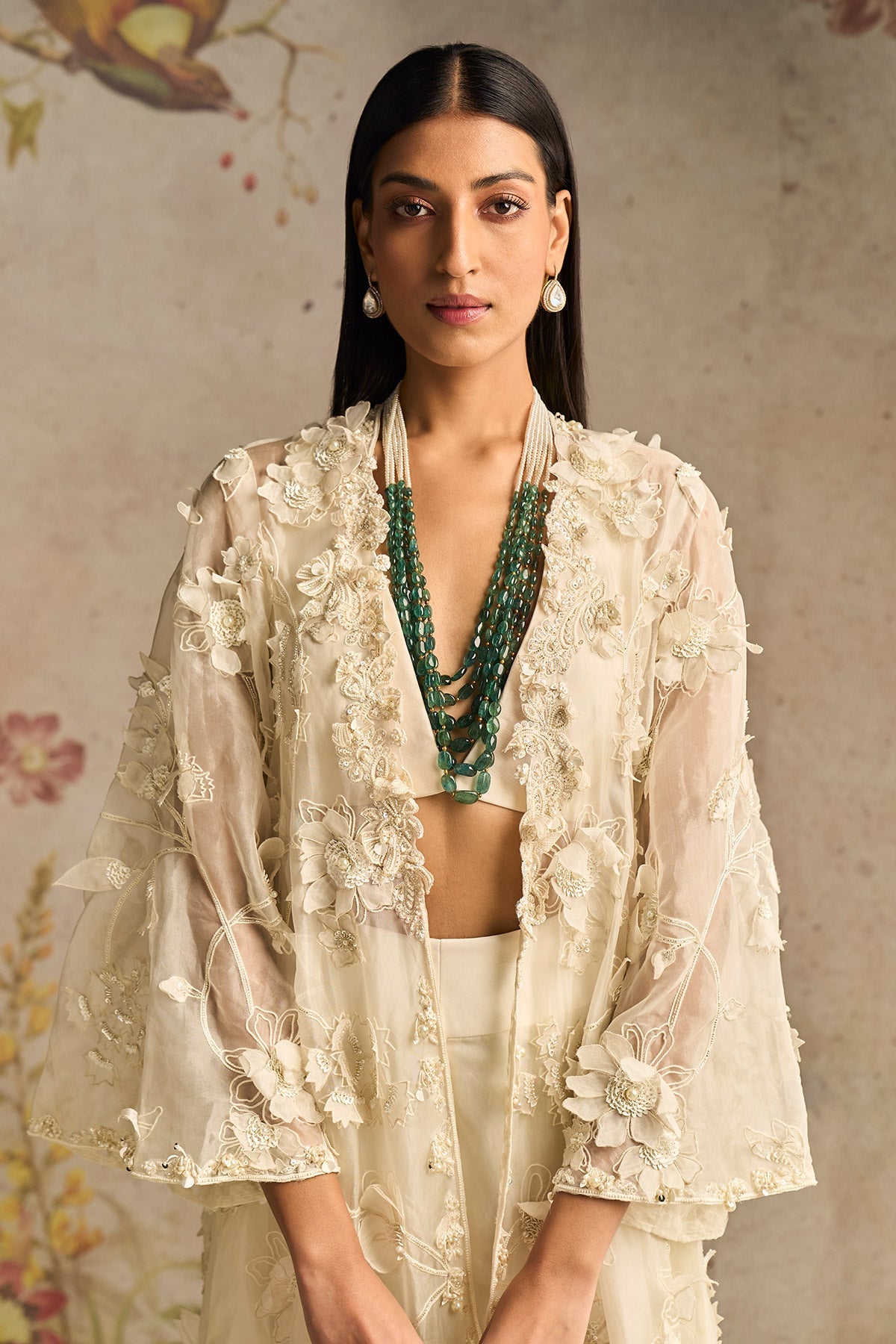 Ridhi-mehra-Ivory Georgette Blouse and Flared Pants Paired With Organza 3d Embroidered Long Jacket
