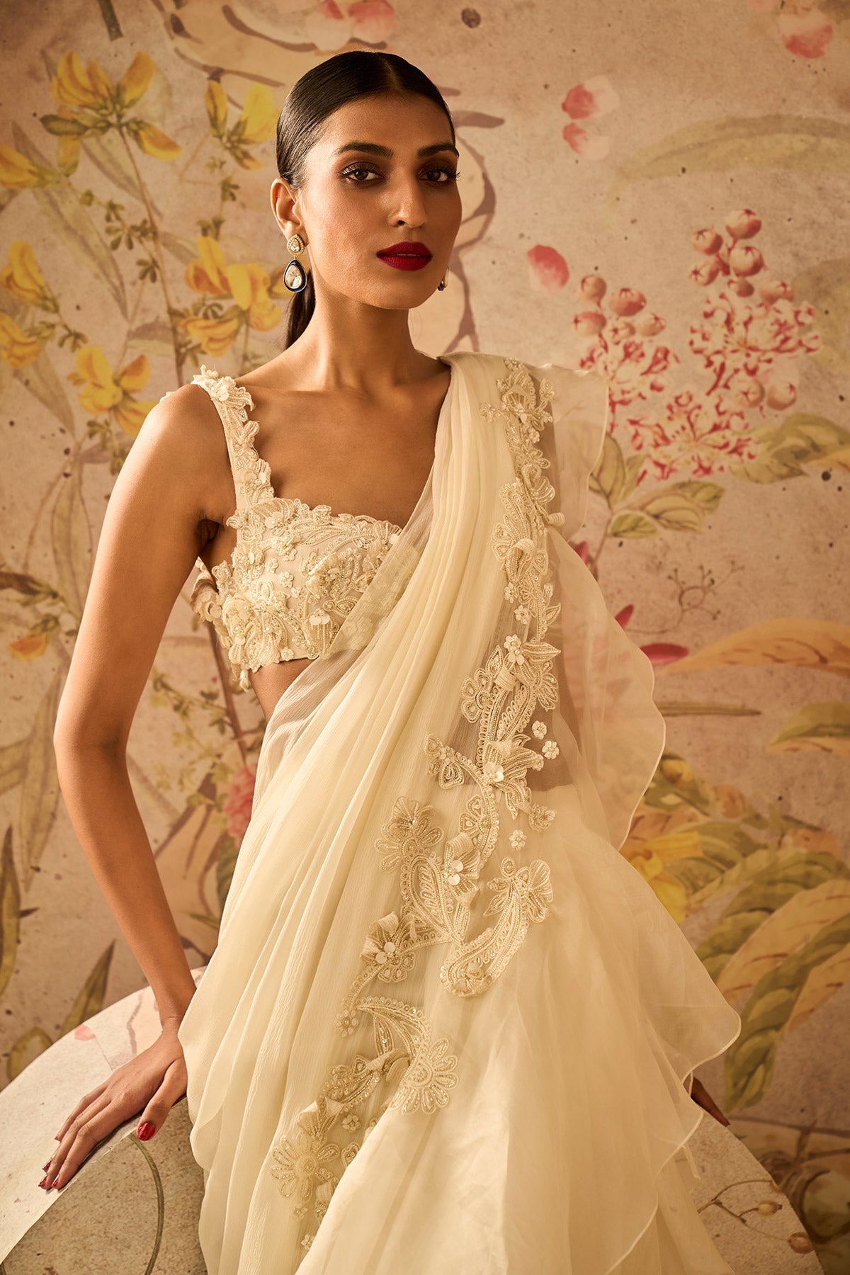 Ridhi-mehra-Ivory Net Embroidered Blouse and Chiffon Draped Saree