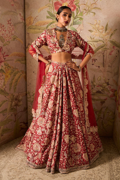 Ridhi-mehra-Red Printed Raw Silk lehenga