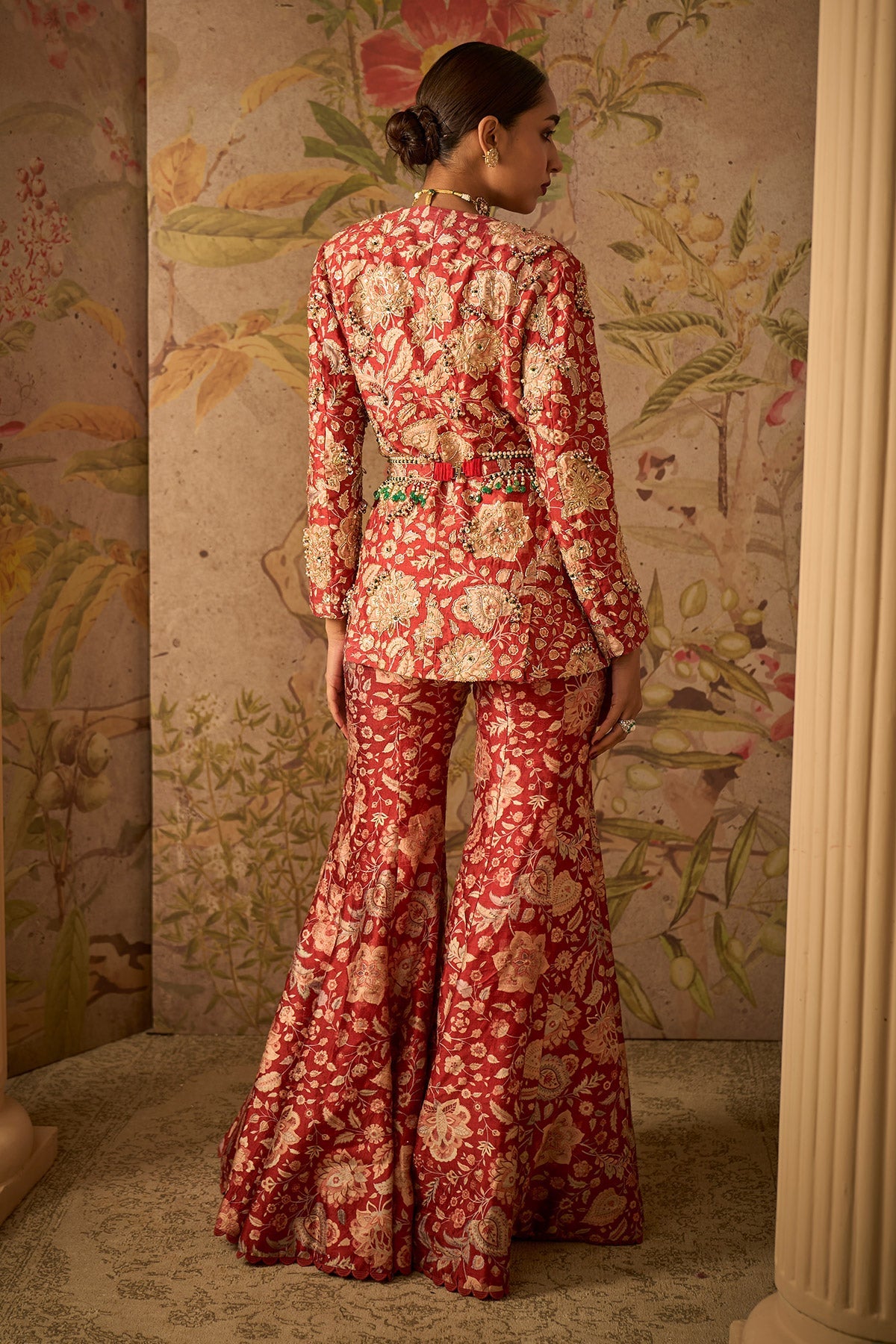 Ridhi-mehra-Red Printed Raw Silk-Embroidered Jacket and Printed Flared Pants With Embroidered Printed Belt