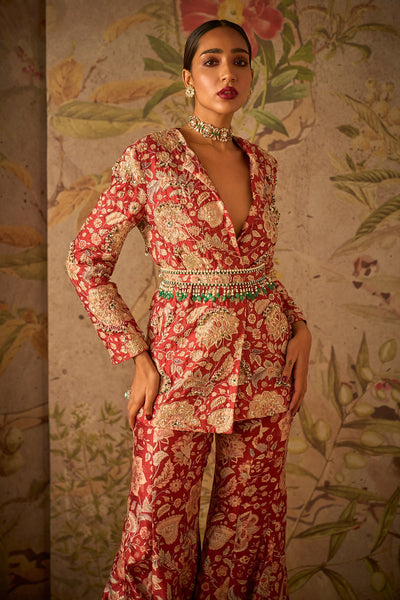 Ridhi-mehra-Red Printed Raw Silk Embroidered Jacket and Printed Flared Pants With Embroidered Printed-Belt