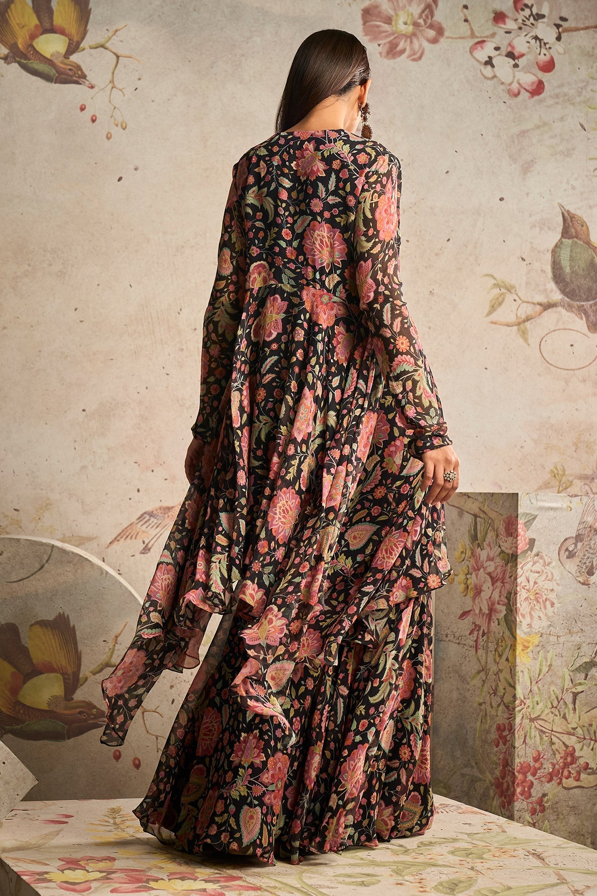 RidhiMehra-Black Chiffon Printed Embroidered Draped Tunic With Printed Chiffon Garara