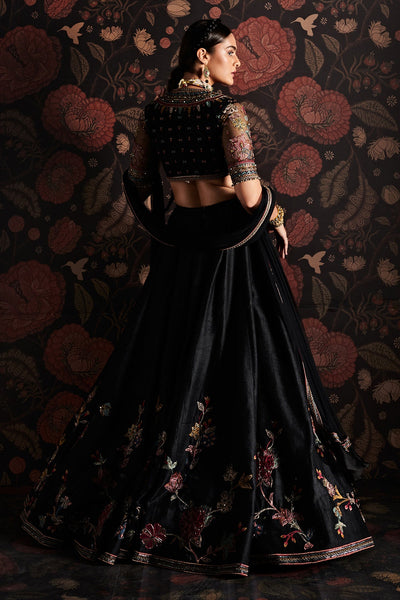 RidhiMehra-Embroidered net blouse with embroidered raw silk lehenga and net ruffled dupatta