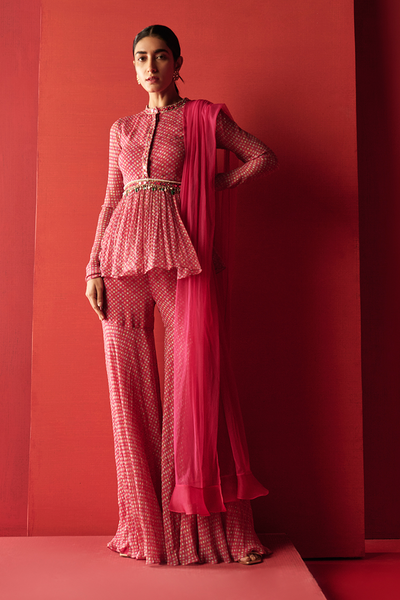 RidhiMehra-Fuschia folk printed chiffon embroidered peplum paired with a printed sharara