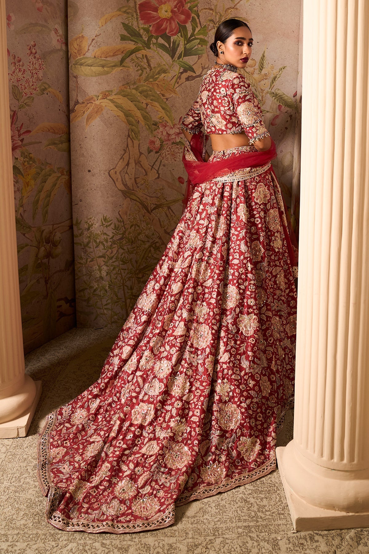 RidhiMehra-Red Printed Raw Silk Embroidered-Lehenga