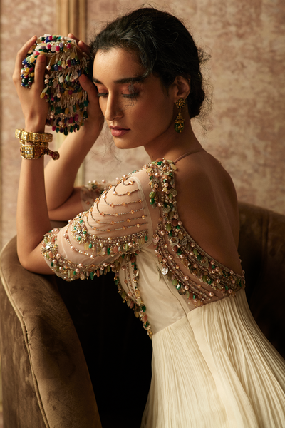 Ridhi Mehra Ivory jewelled anarkali paired with a net dupatta